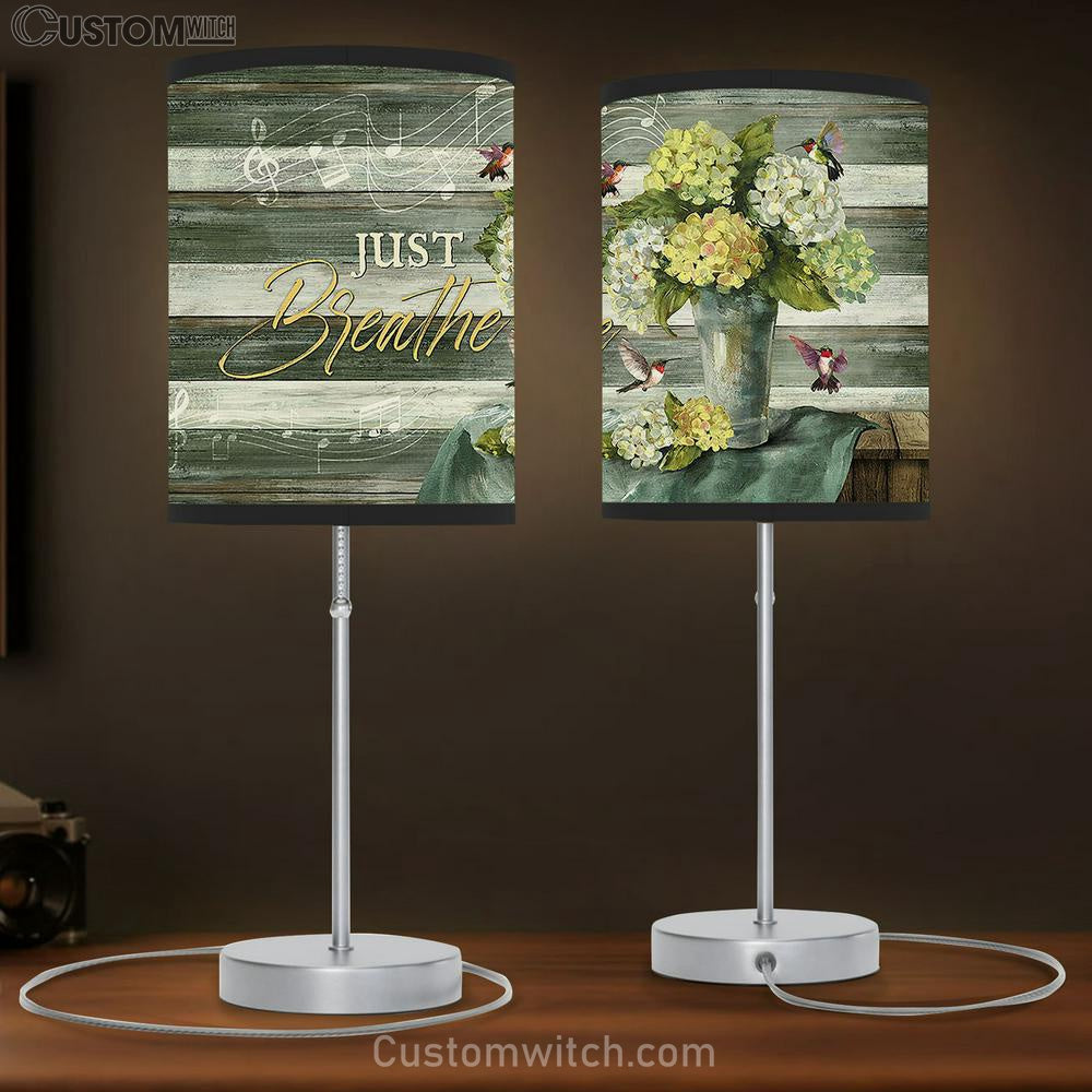 Just Breathe Green Hydrangeas Music Sheet Hummingbird Table Lamb Art - Christian Lamb Gift Decor - Bible Verse Table Lamb
