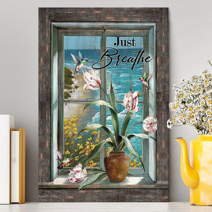 Just Breathe Hummingbird Blue Ocean Canvas Wall Art - Bible Verse Canvas Art - Inspirational Art - Christian Home Decor