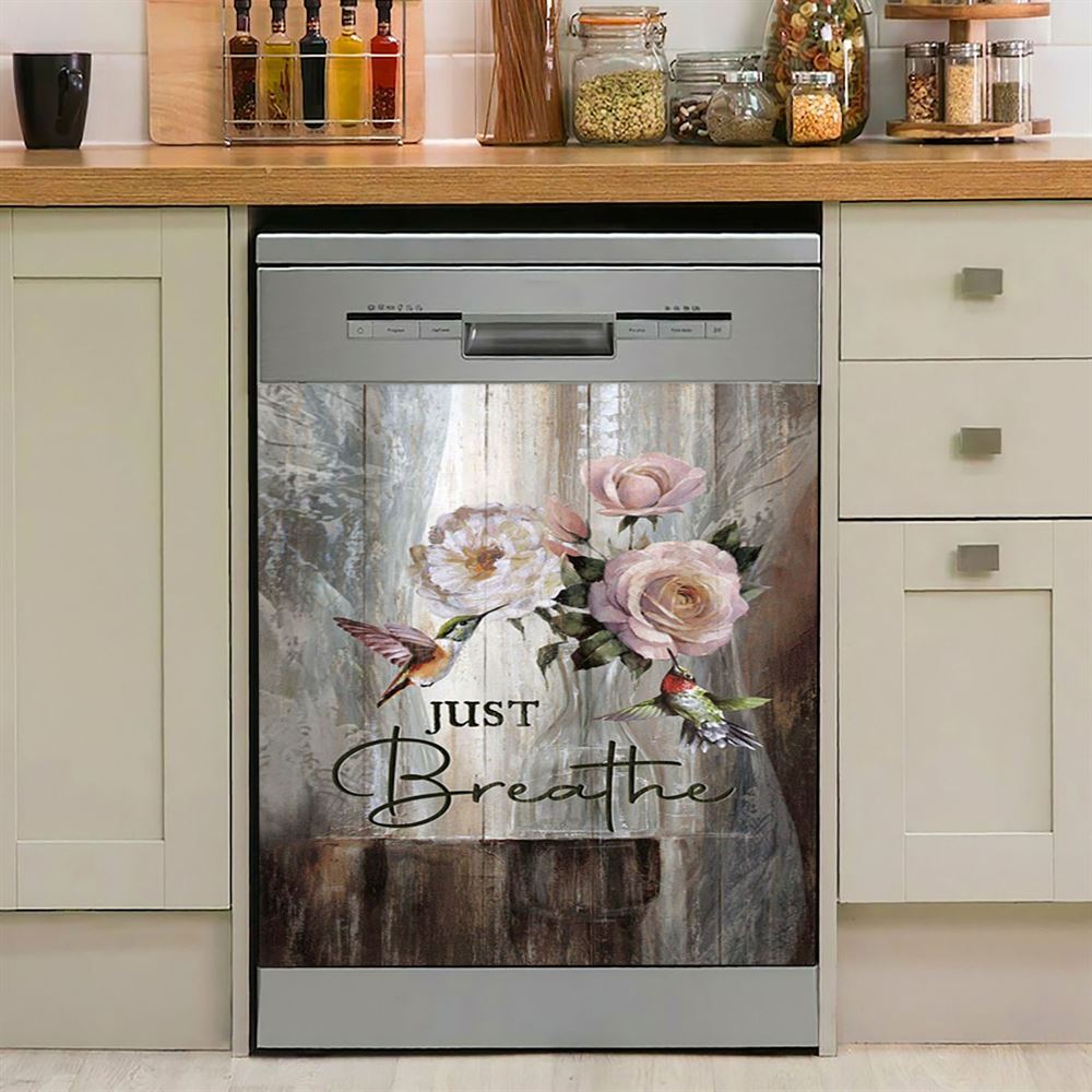 Just Breathe Hummingbird Blue Ocean Dishwasher Cover, Bible Verse Dishwasher Wrap, Inspirational Kitchen Decoration
