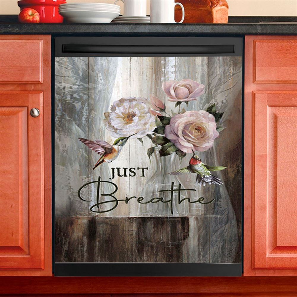 Just Breathe Hummingbird Blue Ocean Dishwasher Cover, Bible Verse Dishwasher Wrap, Inspirational Kitchen Decoration