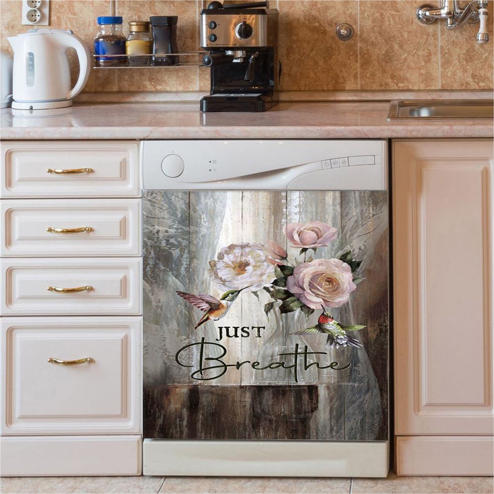 Just Breathe Hummingbird Blue Ocean Dishwasher Cover, Bible Verse Dishwasher Wrap, Inspirational Kitchen Decoration