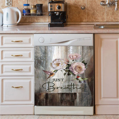 Just Breathe Hummingbird Blue Ocean Dishwasher Cover, Bible Verse Dishwasher Wrap, Inspirational Kitchen Decoration