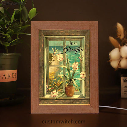 Just Breathe Hummingbird Blue Ocean Frame Lamp Art - Bible Verse Wooden Lamp - Inspirational Art - Christian Home Decor