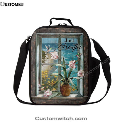 Just Breathe Hummingbird Blue Ocean Lunch Bag, Christian Lunch Box For School, Picnic
