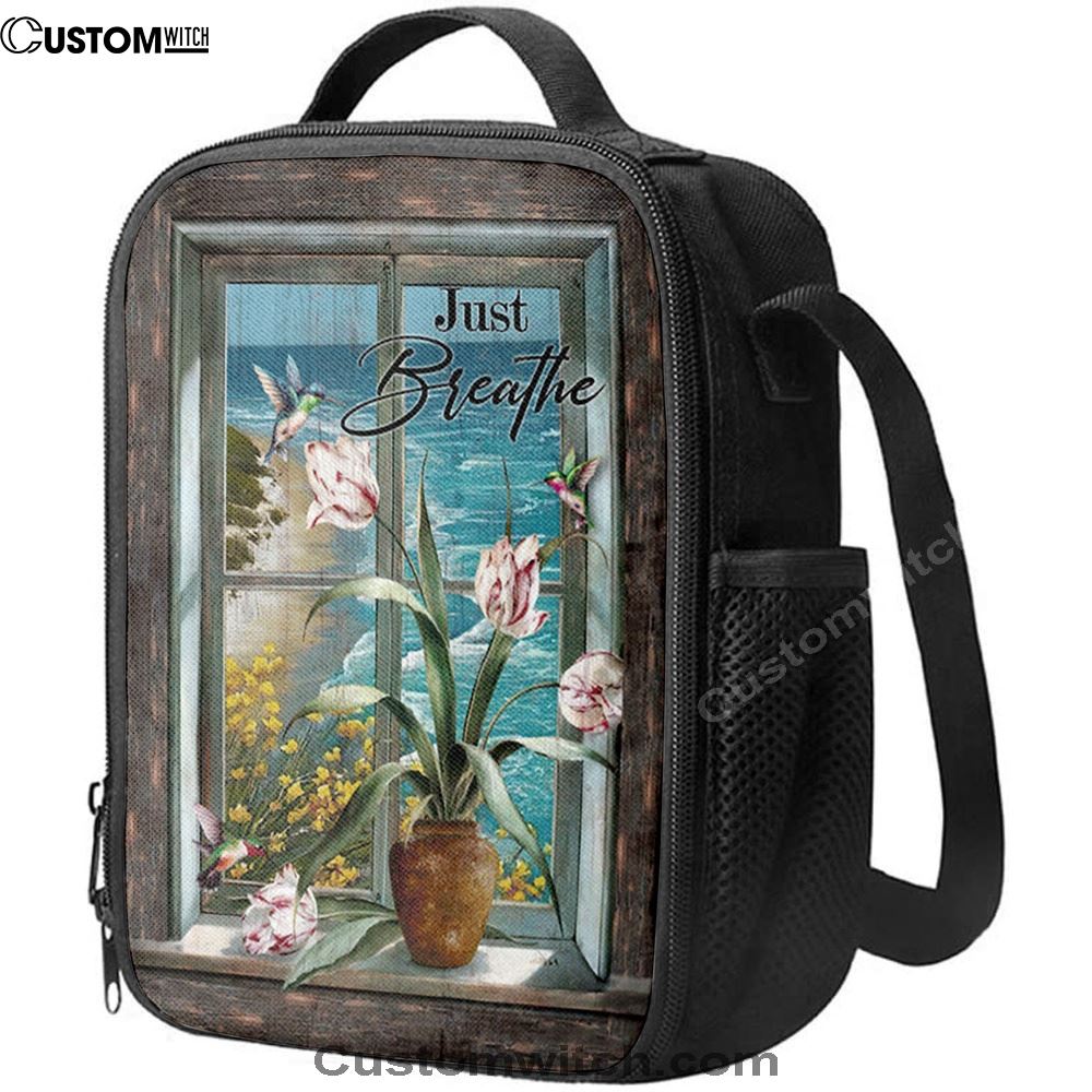 Just Breathe Hummingbird Blue Ocean Lunch Bag, Christian Lunch Box For School, Picnic