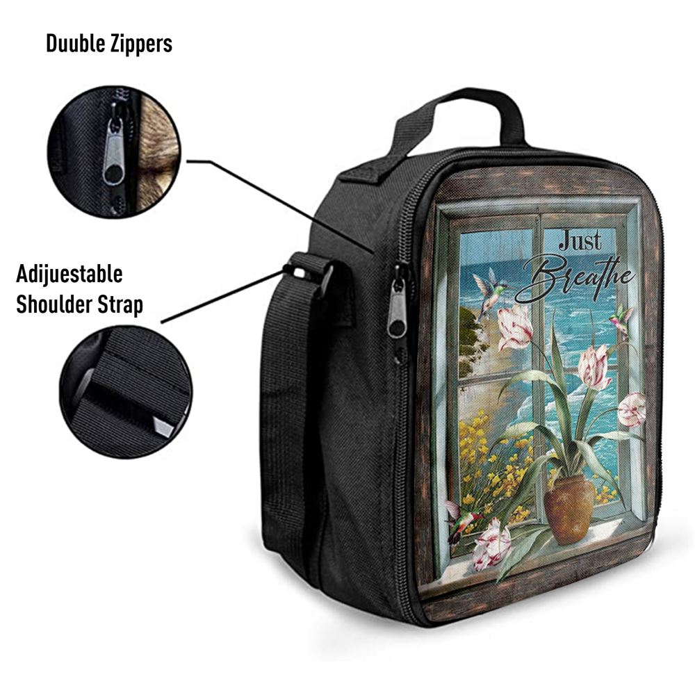 Just Breathe Hummingbird Blue Ocean Lunch Bag, Christian Lunch Box For School, Picnic