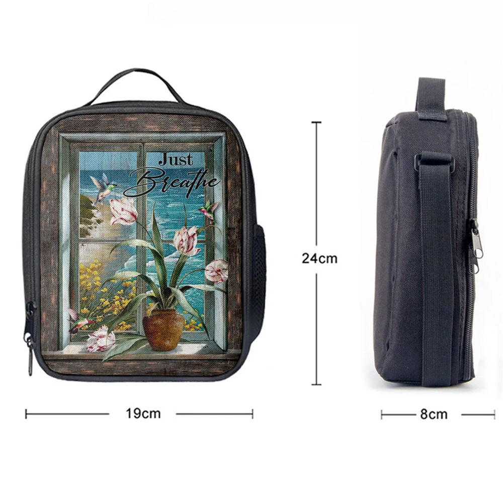 Just Breathe Hummingbird Blue Ocean Lunch Bag, Christian Lunch Box For School, Picnic