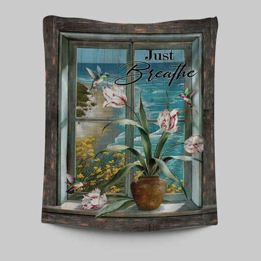 Just Breathe Hummingbird Blue Ocean Tapestry Wall Art - Bible Verse Tapestry Art - Inspirational Art -  Christian Indoor Wall Tapestries