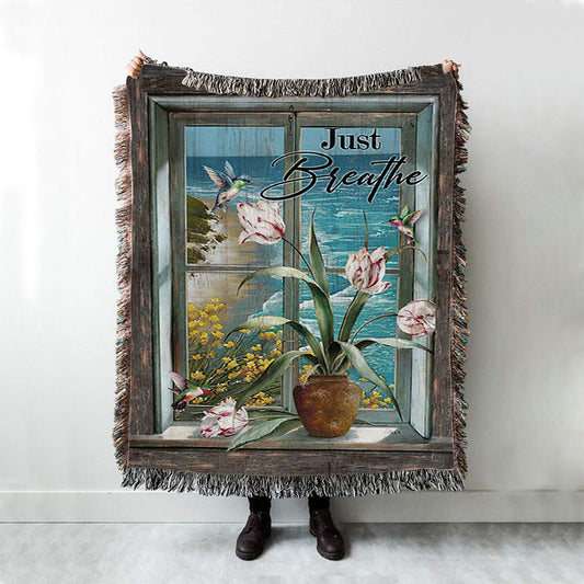 Just Breathe Hummingbird Blue Ocean Woven Throw Blanket - Bible Verse Woven Blanket Art - Inspirational Art - Christian Home Decor