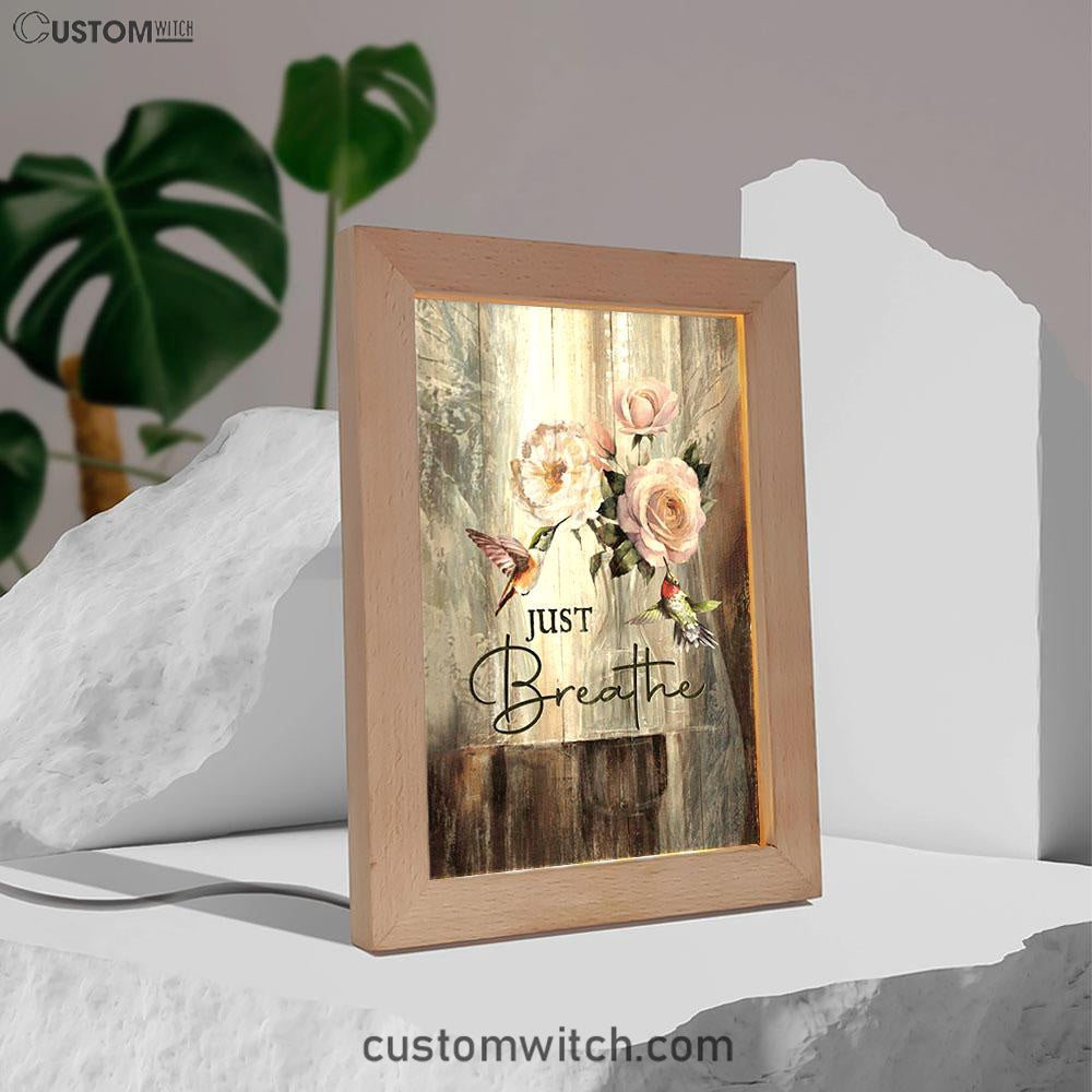 Just Breathe Hummingbird Rose White Peony Art Frame Lamp - Bible Verse Wooden Lamp - Christian Art Home Decor