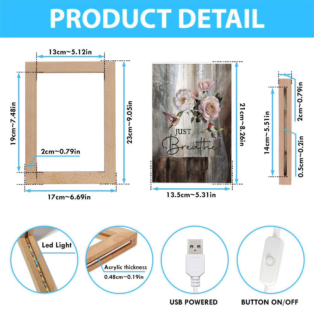 Just Breathe Hummingbird Rose White Peony Art Frame Lamp - Bible Verse Wooden Lamp - Christian Art Home Decor