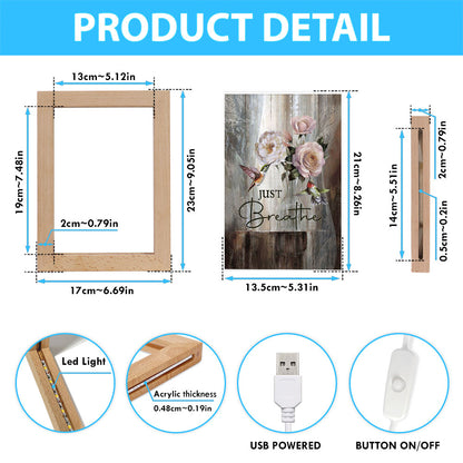 Just Breathe Hummingbird Rose White Peony Art Frame Lamp - Bible Verse Wooden Lamp - Christian Art Home Decor