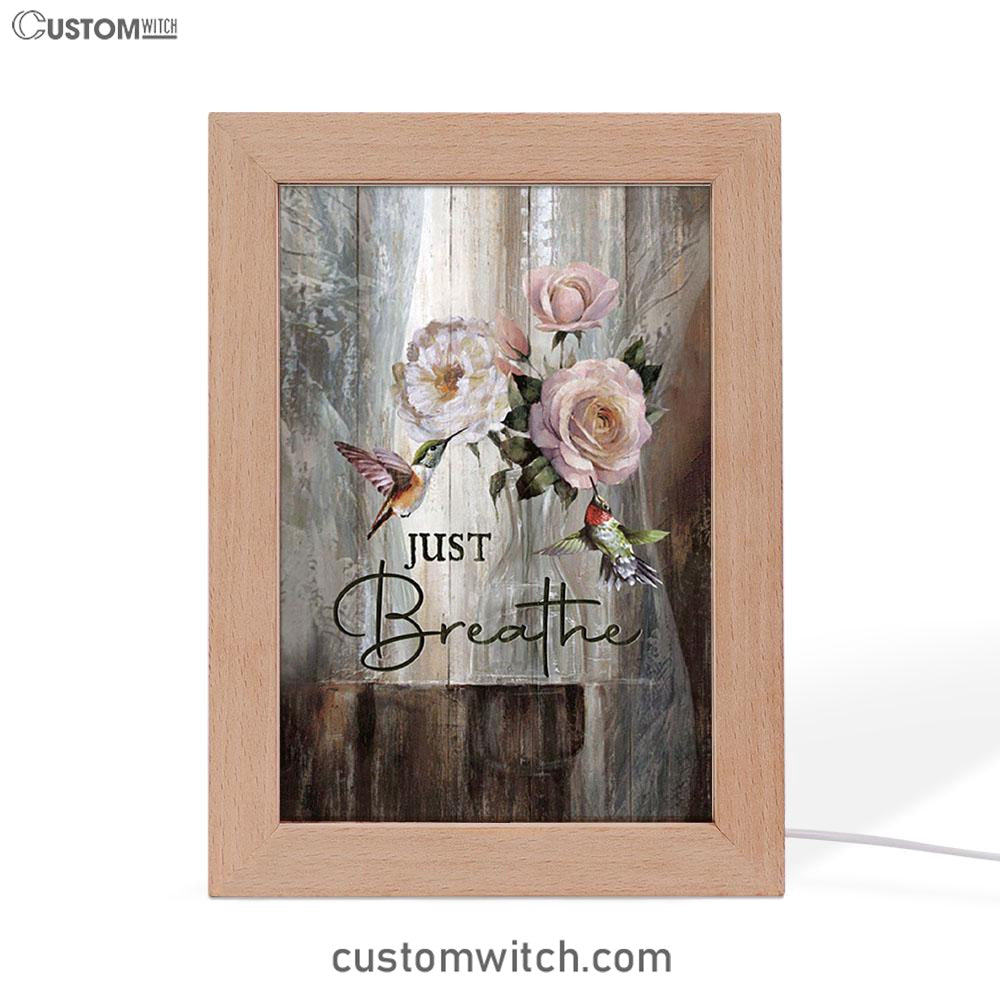 Just Breathe Hummingbird Rose White Peony Art Frame Lamp - Bible Verse Wooden Lamp - Christian Art Home Decor