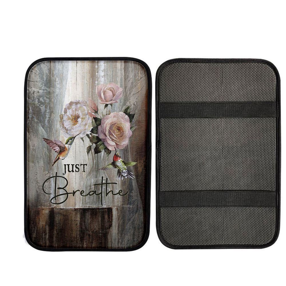 Just Breathe Hummingbird Rose White Peony Car Center Console Cover, Christian Car Armrest Accessories