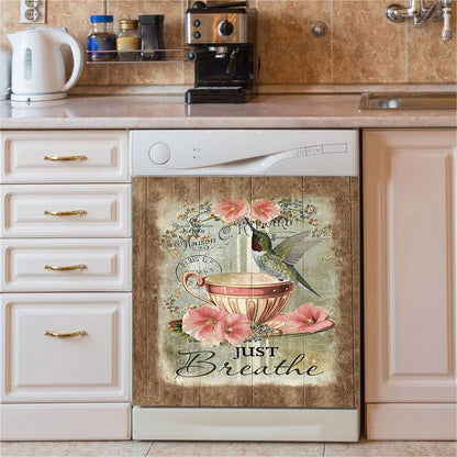 Just Breathe Hummingbird Rose White Peony Dishwasher Cover, Bible Verse Dishwasher Wrap, Christian Kitchen Decoration