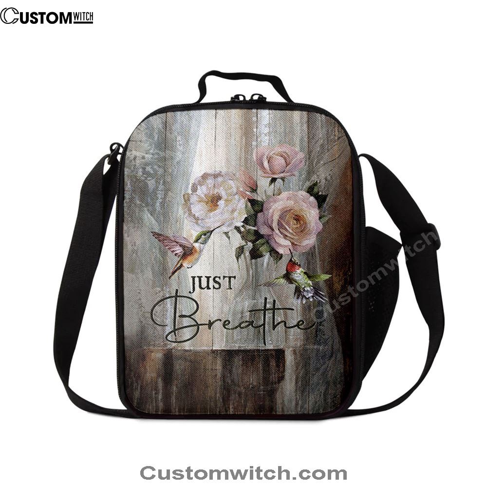 Just Breathe Hummingbird Rose White Peony Lunch Bag, Christian Lunch Box For School, Picnic