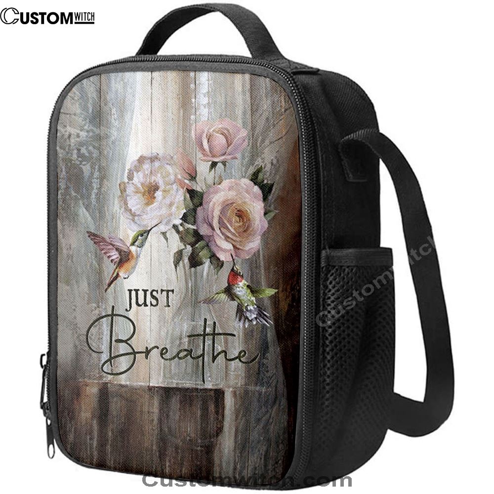 Just Breathe Hummingbird Rose White Peony Lunch Bag, Christian Lunch Box For School, Picnic