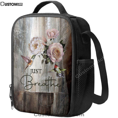Just Breathe Hummingbird Rose White Peony Lunch Bag, Christian Lunch Box For School, Picnic