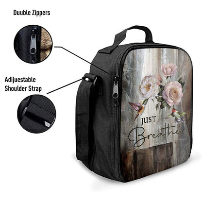 Just Breathe Hummingbird Rose White Peony Lunch Bag, Christian Lunch Box For School, Picnic