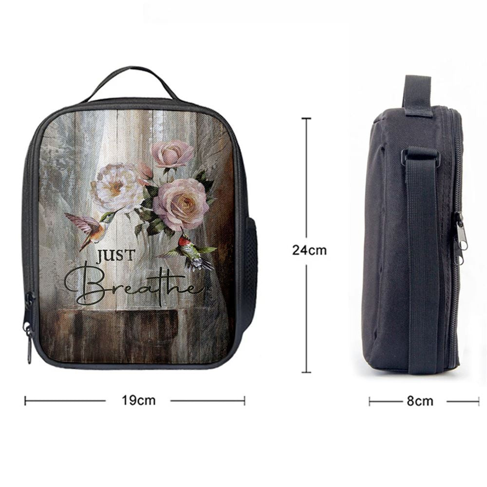 Just Breathe Hummingbird Rose White Peony Lunch Bag, Christian Lunch Box For School, Picnic