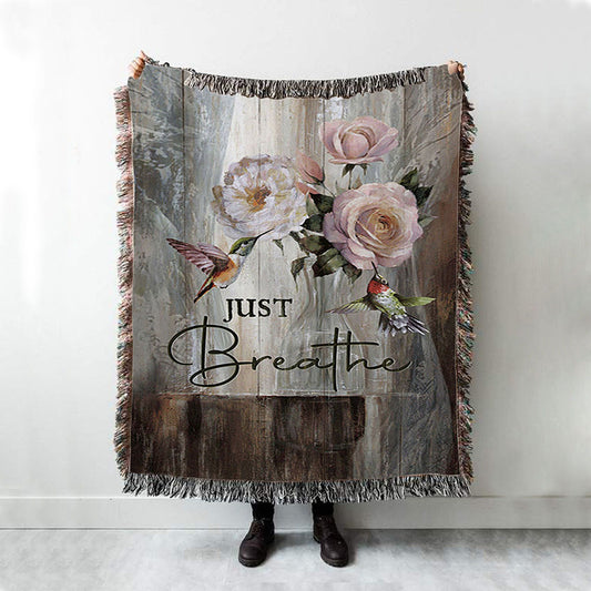 Just Breathe Hummingbird Rose White Peony Throw Blanket Woven Blanket - Bible Verse Woven Blanket Art - Christian Throw Blanket Home Decor