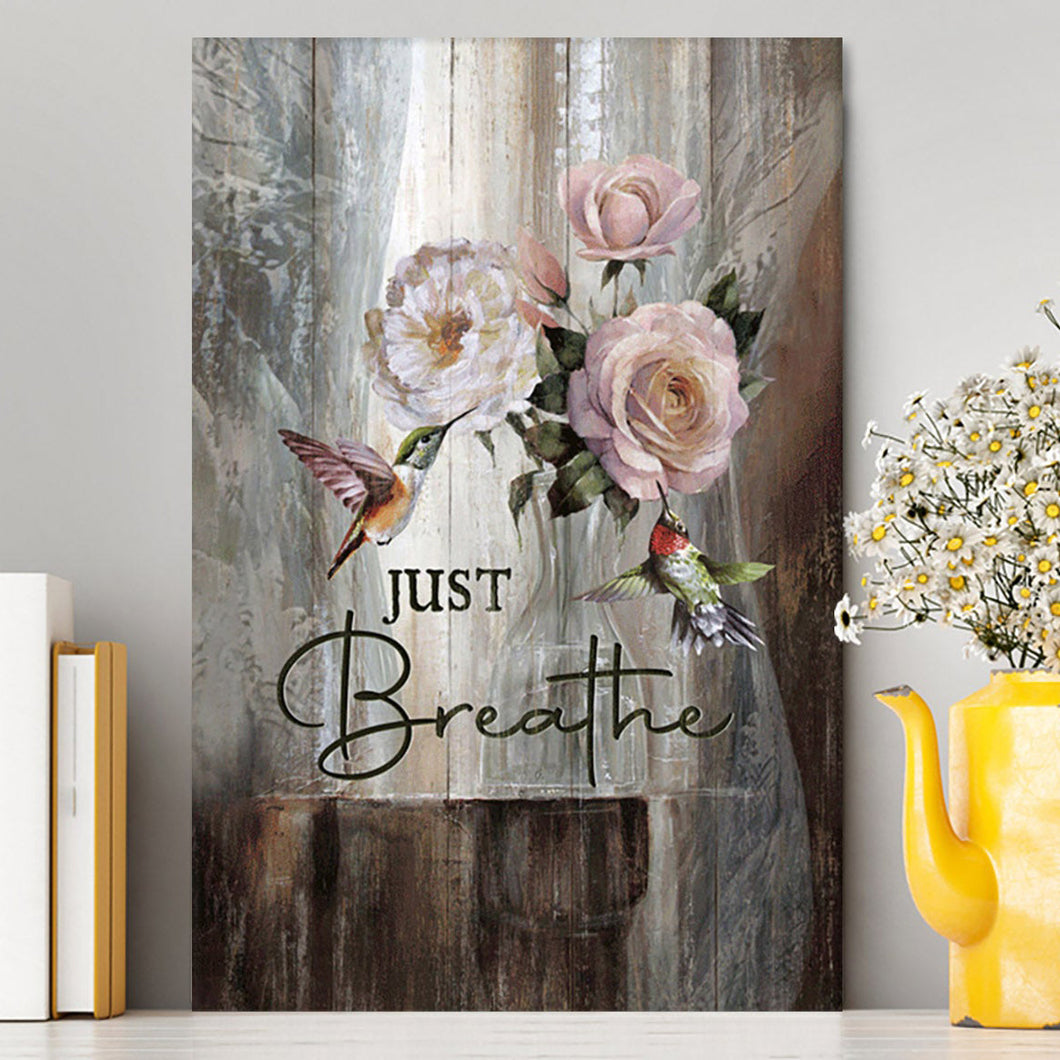 Just Breathe Hummingbird Rose White Peony Wall Art Canvas - Bible Verse Canvas Art - Christian Wall Art Home Decor