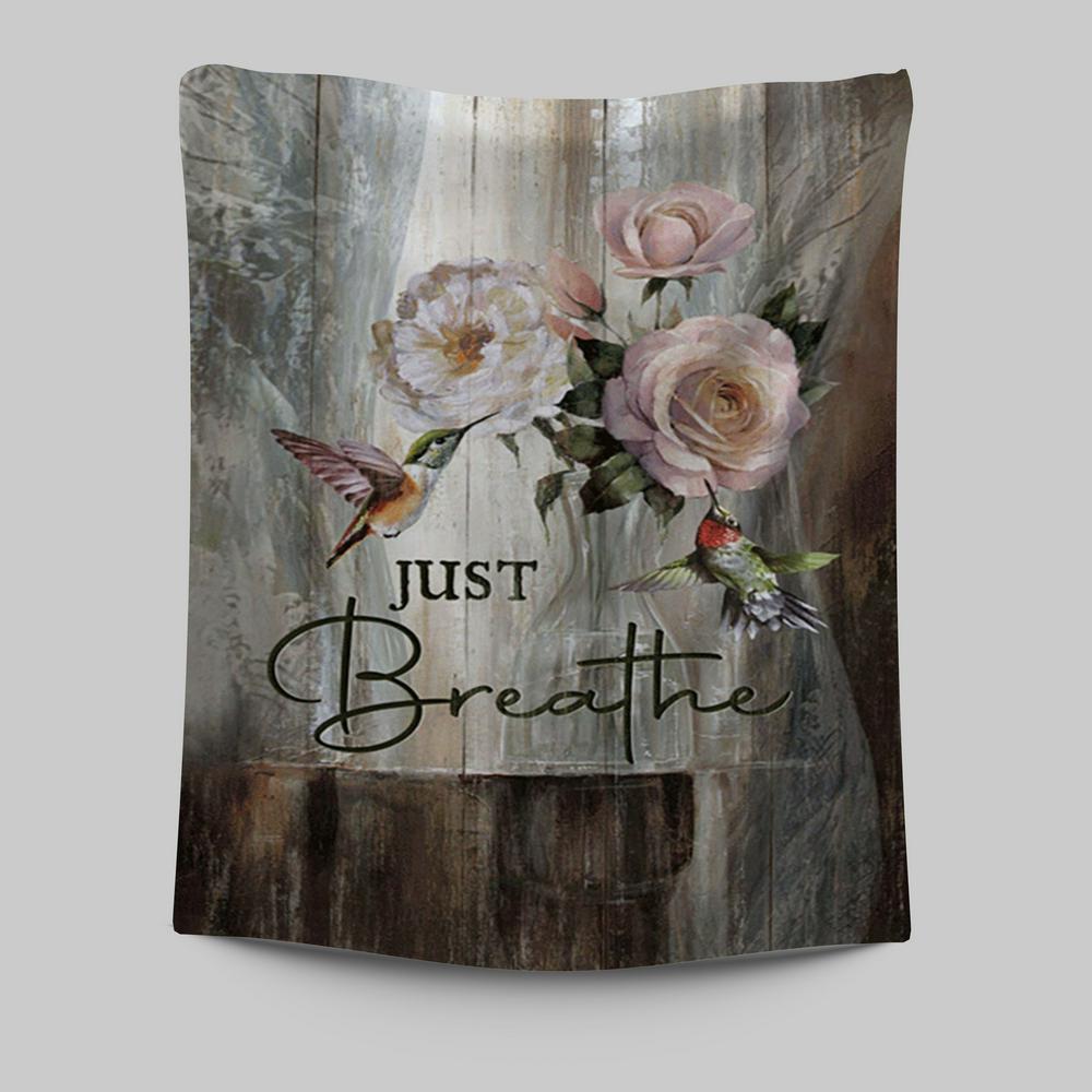 Just Breathe Hummingbird Rose White Peony Wall Art Tapestry - Bible Verse Tapestry Art - Christian Wall Art Home Decor