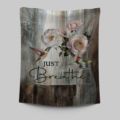 Just Breathe Hummingbird Rose White Peony Wall Art Tapestry - Bible Verse Tapestry Art - Christian Wall Art Home Decor