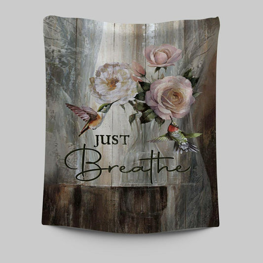 Just Breathe Hummingbird Rose White Peony Wall Art Tapestry - Bible Verse Tapestry Art - Christian Wall Art Home Decor