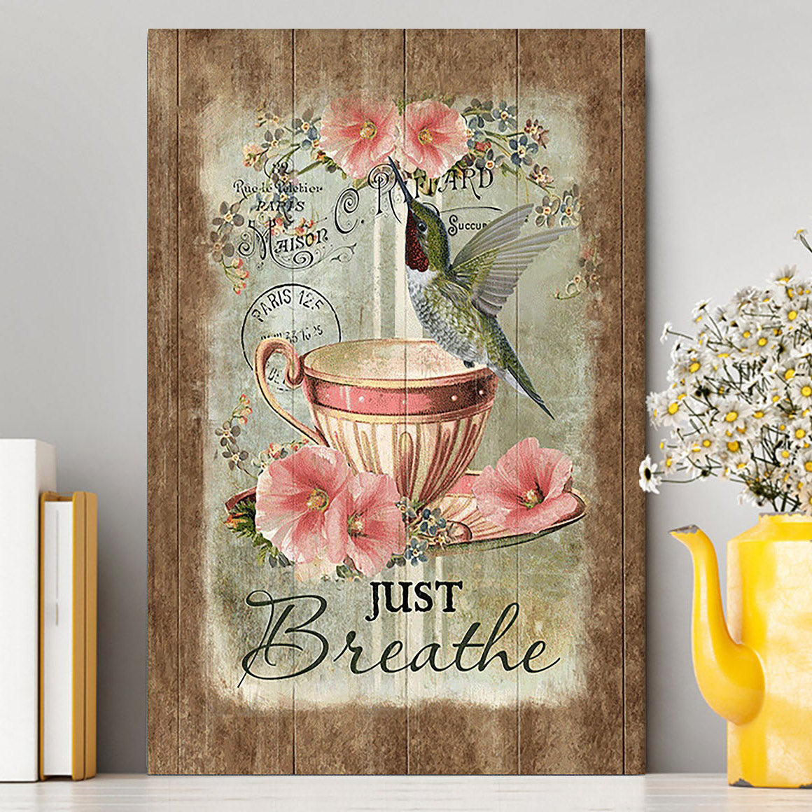 Just Breathe Hummingbird Tea Cup Pink Flowers Vintage Canvas Wall Art - Christian Canvas Prints - Bible Verse Canvas Art