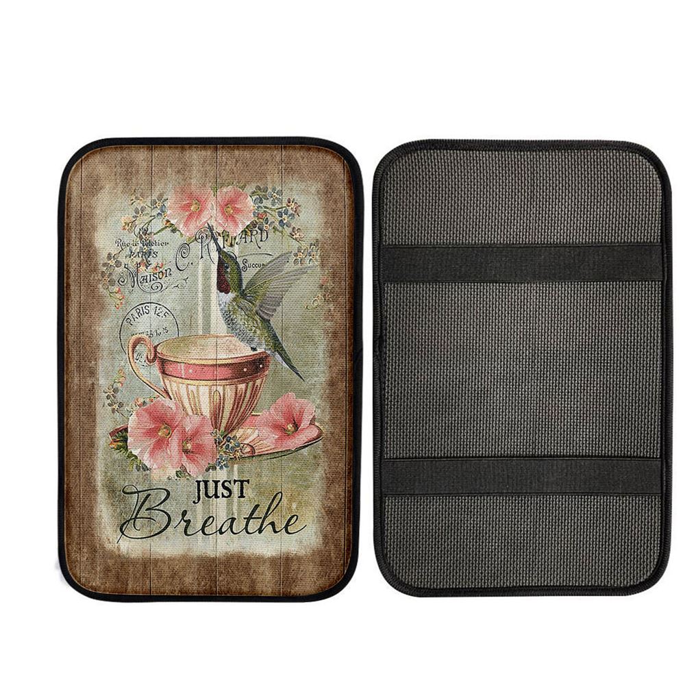 Just Breathe Hummingbird Tea Cup Pink Flowers Vintage Car Center Console Cover, Christian Car Armrest Accessories