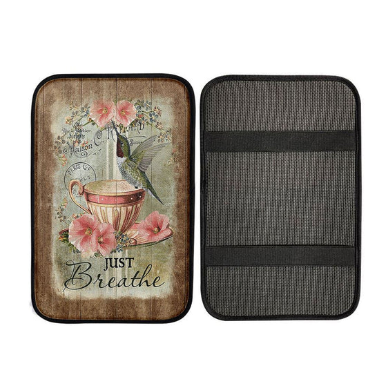 Just Breathe Hummingbird Tea Cup Pink Flowers Vintage Car Center Console Cover, Christian Car Armrest Accessories