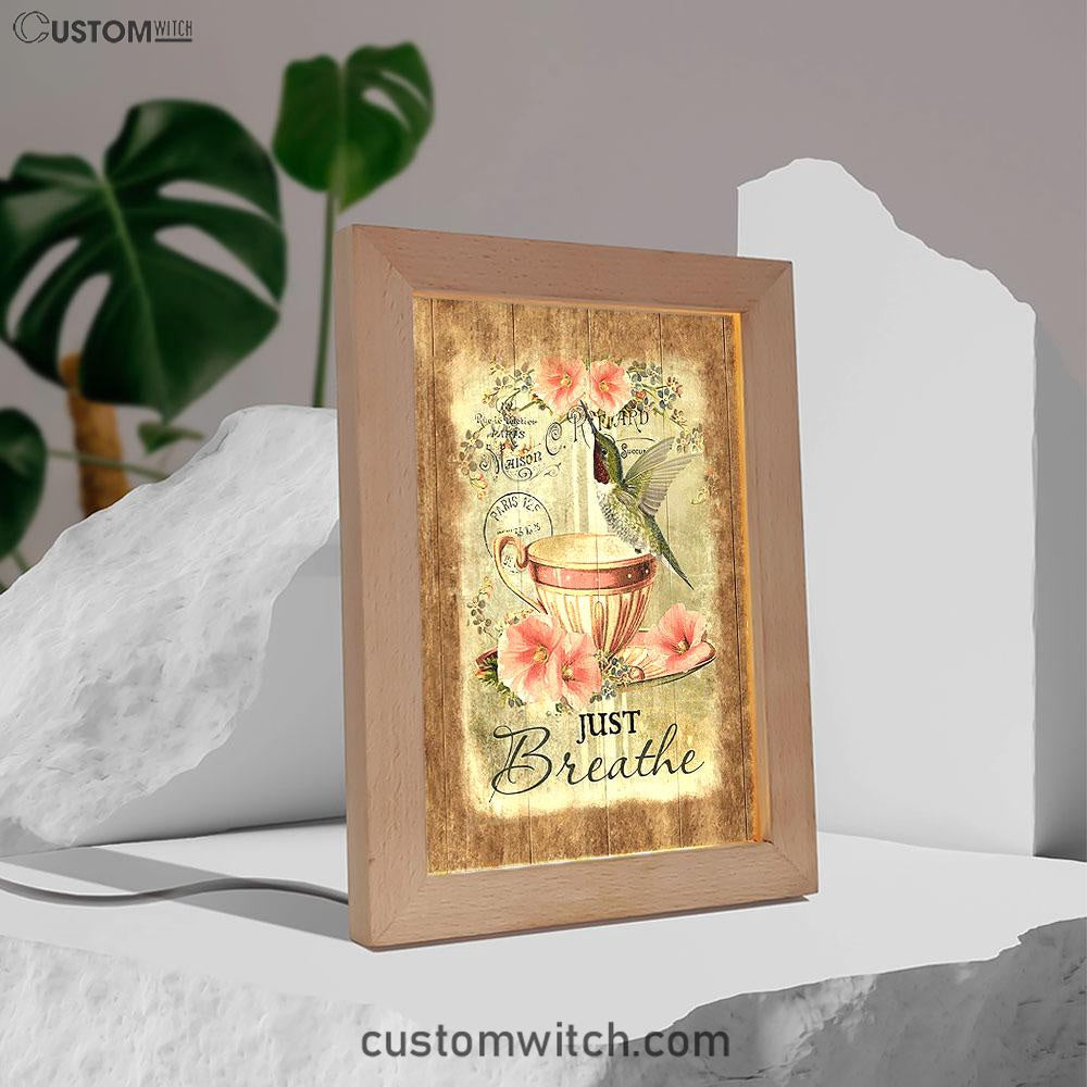 Just Breathe Hummingbird Tea Cup Pink Flowers Vintage Frame Lamp Art - Christian Night Light - Bible Verse Wooden Lamp