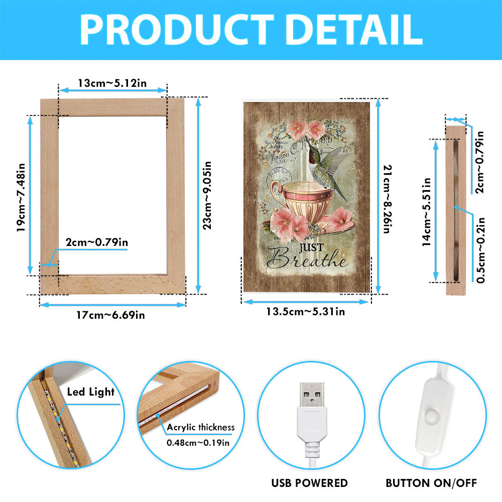 Just Breathe Hummingbird Tea Cup Pink Flowers Vintage Frame Lamp Art - Christian Night Light - Bible Verse Wooden Lamp