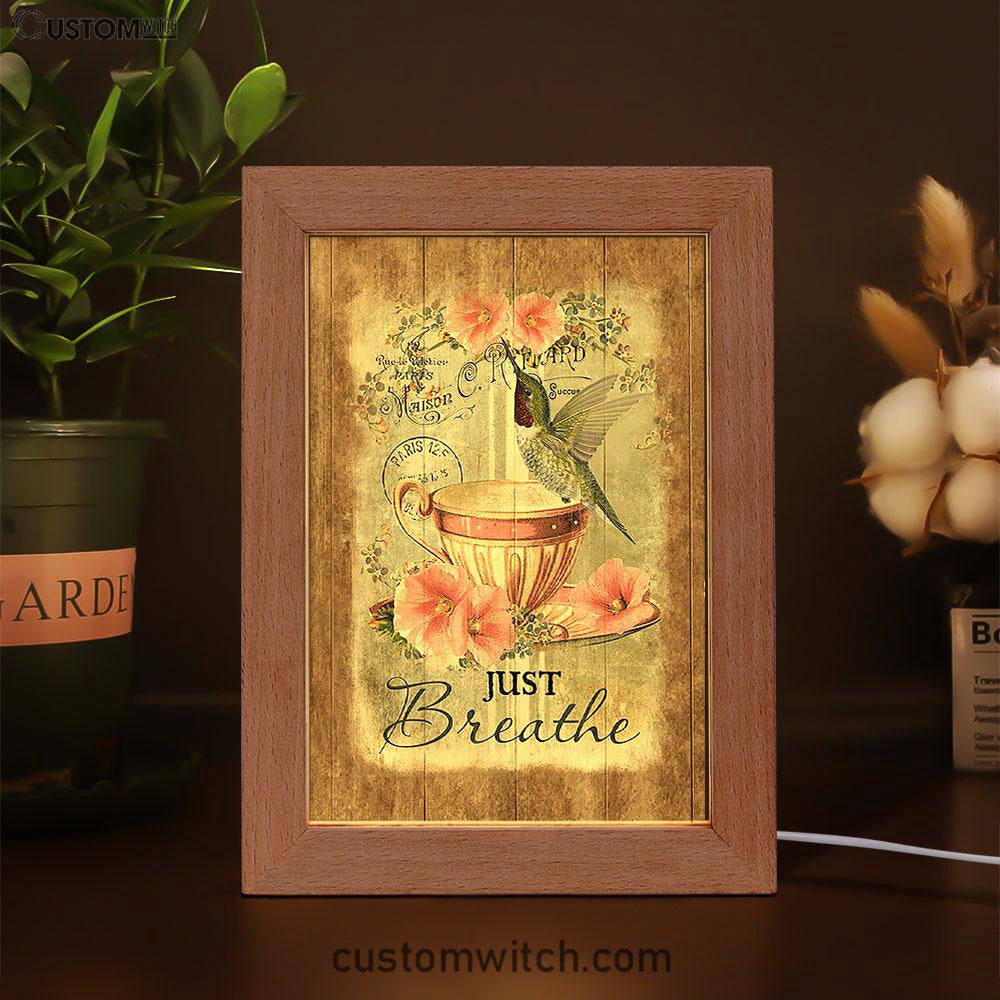 Just Breathe Hummingbird Tea Cup Pink Flowers Vintage Frame Lamp Art - Christian Night Light - Bible Verse Wooden Lamp