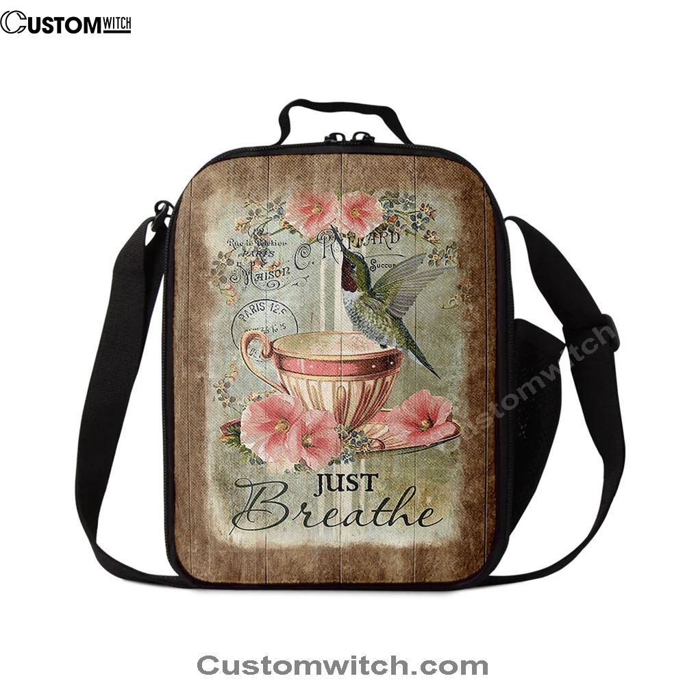 Just Breathe Hummingbird Tea Cup Pink Flowers Vintage Lunch Bag, Christian Lunch Box For School, Picnic