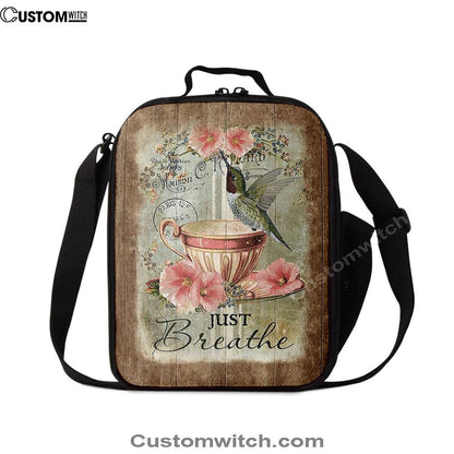 Just Breathe Hummingbird Tea Cup Pink Flowers Vintage Lunch Bag, Christian Lunch Box For School, Picnic
