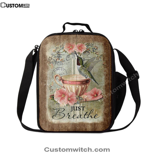 Just Breathe Hummingbird Tea Cup Pink Flowers Vintage Lunch Bag, Christian Lunch Box For School, Picnic