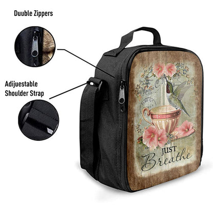 Just Breathe Hummingbird Tea Cup Pink Flowers Vintage Lunch Bag, Christian Lunch Box For School, Picnic