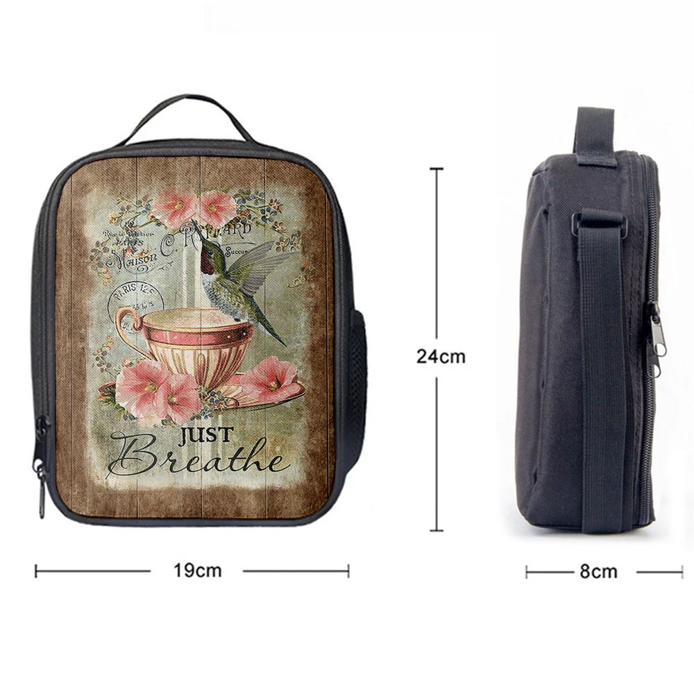 Just Breathe Hummingbird Tea Cup Pink Flowers Vintage Lunch Bag, Christian Lunch Box For School, Picnic