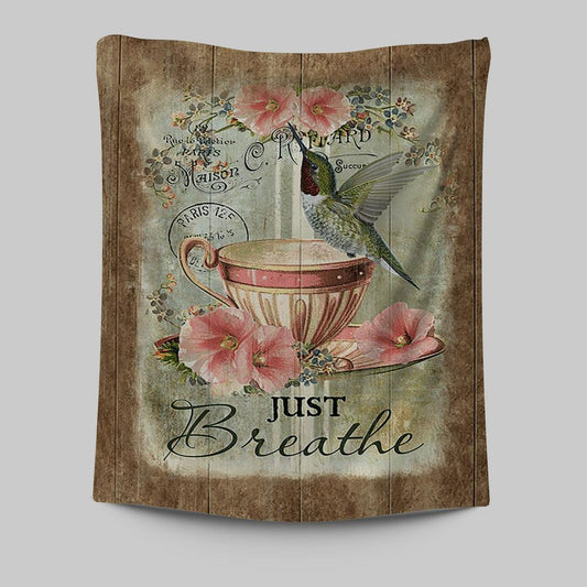 Just Breathe Hummingbird Tea Cup Pink Flowers Vintage Tapestry Wall Art - Christian Tapestries Prints - Bible Verse Tapestry Art