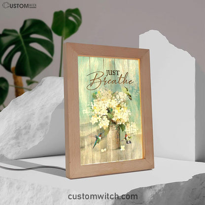 Just Breathe Hummingbird White Flower Art Frame Lamp - Bible Verse Wooden Lamp - Christian Art Home Decor