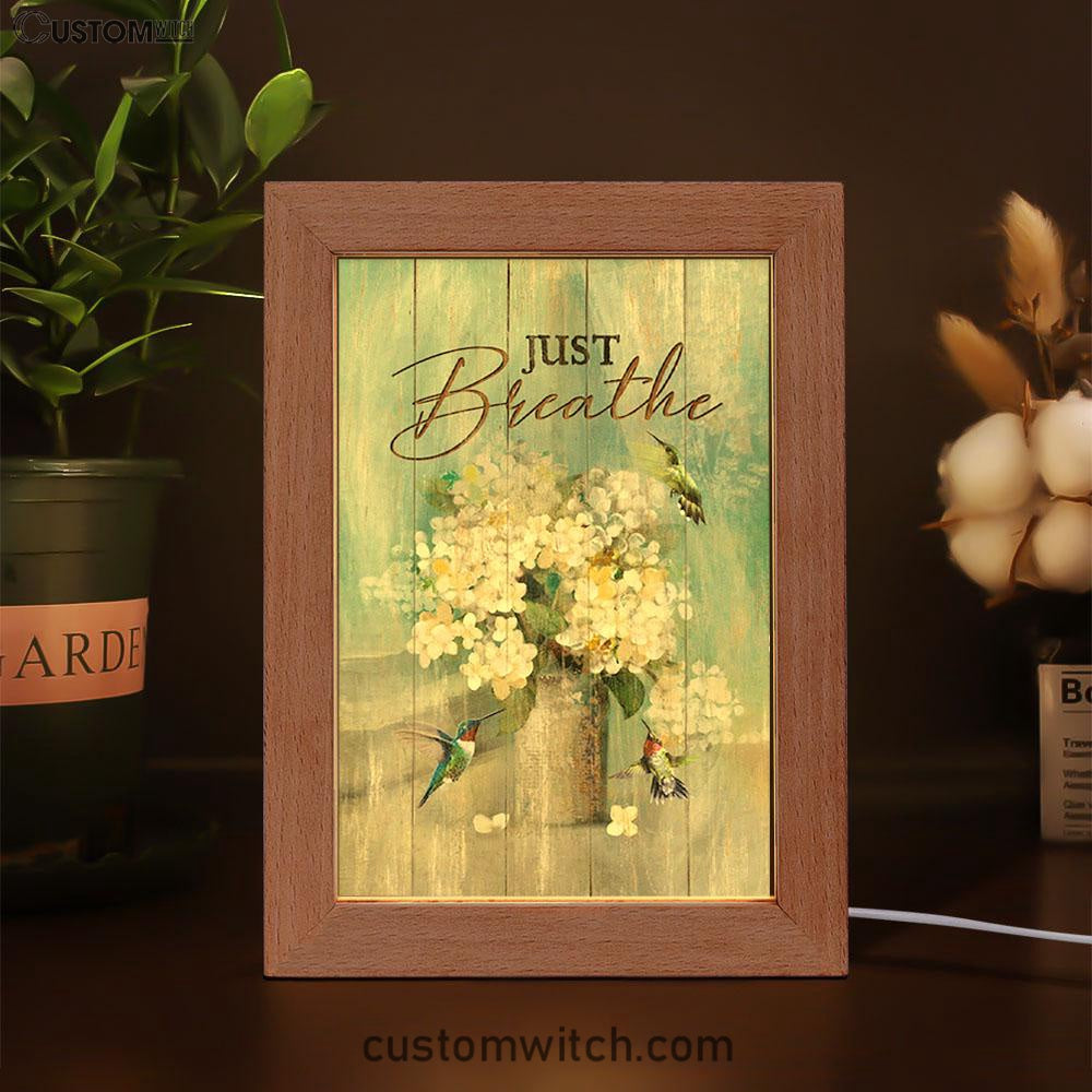 Just Breathe Hummingbird White Flower Art Frame Lamp - Bible Verse Wooden Lamp - Christian Art Home Decor
