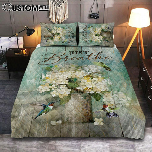 Just Breathe Hummingbird White Flower Bedroom Quilt Bedding Set - Bible Verse Quilt Bedding Set Art - Christian Bedroom Home Decor