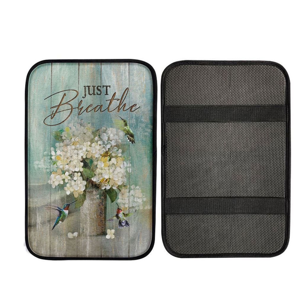 Just Breathe Hummingbird White Flower Car Center Console Cover, Christian Car Armrest Accessories