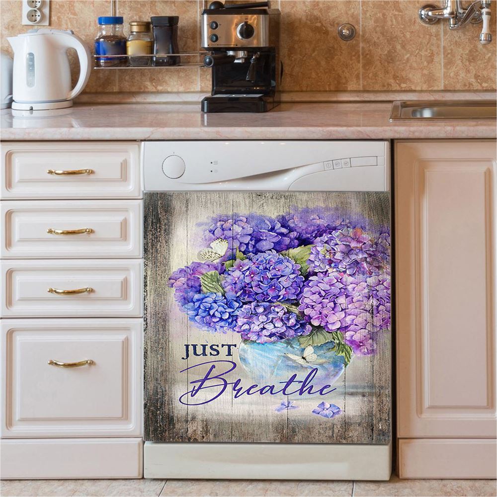 Just Breathe Hummingbird White Flower Dishwasher Cover, Bible Verse Dishwasher Wrap, Christian Kitchen Decoration