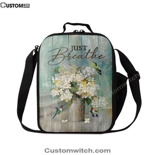 Just Breathe Hummingbird White Flower Lunch Bag, Christian Lunch Box For School, Picnic