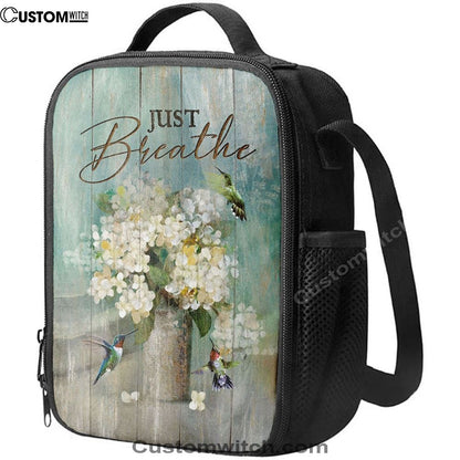 Just Breathe Hummingbird White Flower Lunch Bag, Christian Lunch Box For School, Picnic