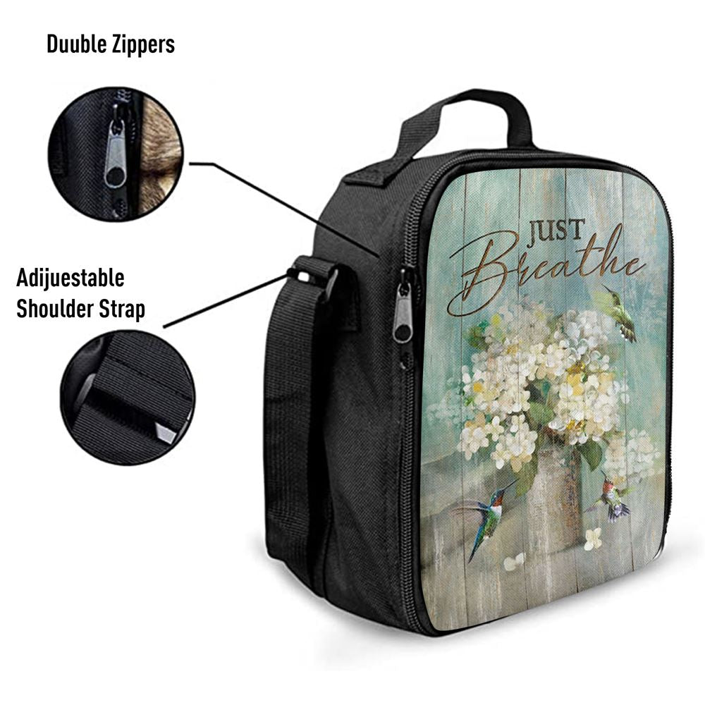 Just Breathe Hummingbird White Flower Lunch Bag, Christian Lunch Box For School, Picnic