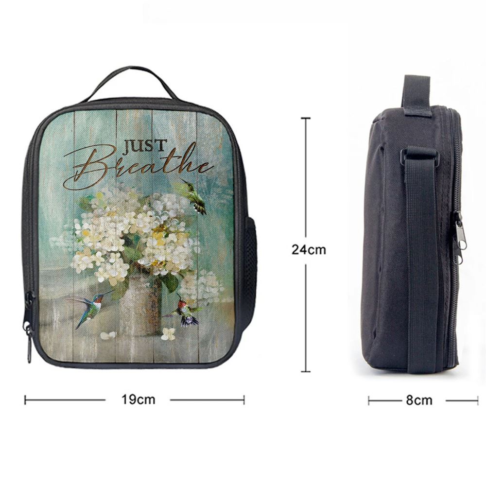 Just Breathe Hummingbird White Flower Lunch Bag, Christian Lunch Box For School, Picnic